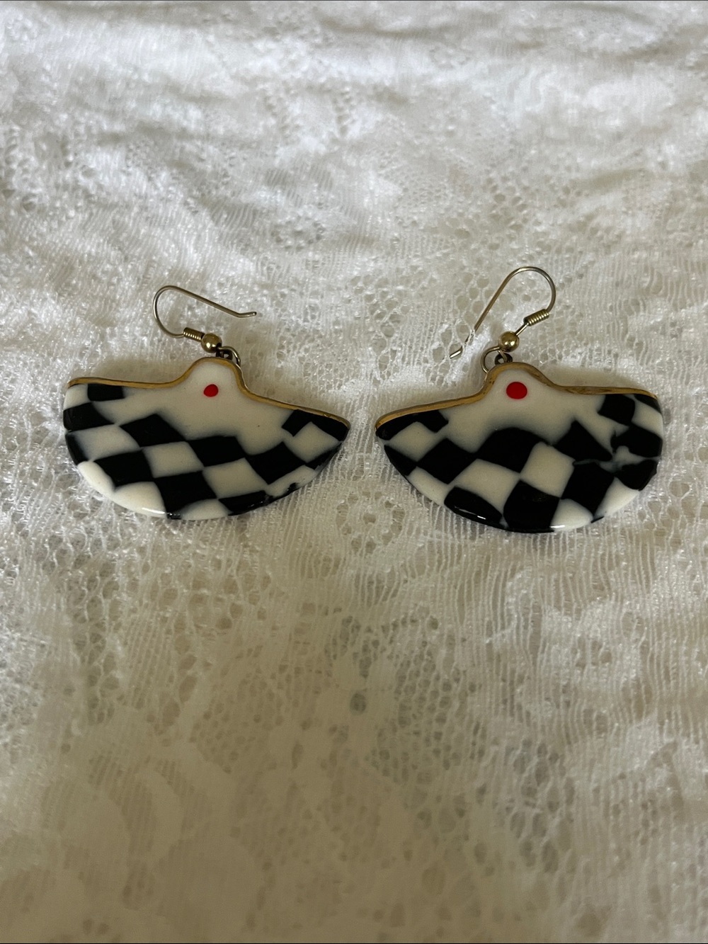Black & White Checker Fan Drop Earrings with Red Accent